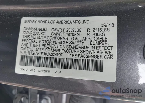 2018 Honda Accord Sport z USA, uszkodzony, nr VIN 1HGCV1F38JA234907